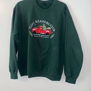 “Cozy Readers Club” Custom Embroidered Green Crewneck Sweater